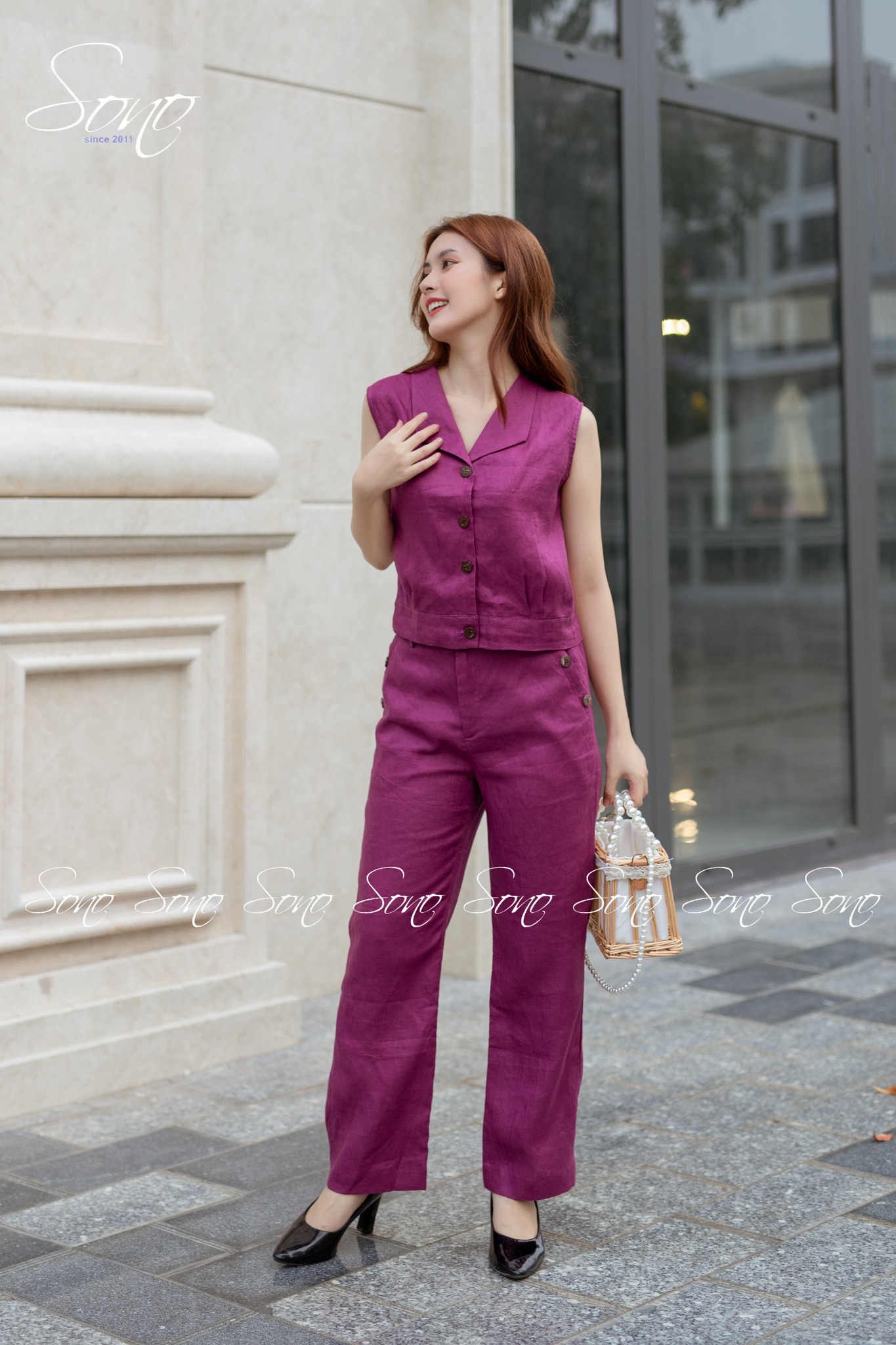 Sono - Bộ Dài Linen Cổ Bẻ Nút Gỗ