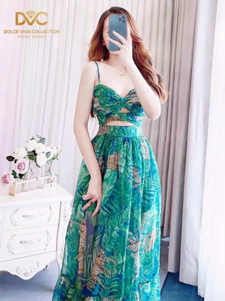 Đầm voan maxi xẻ tà xinh mẫu mới đẹp như hình ldt822