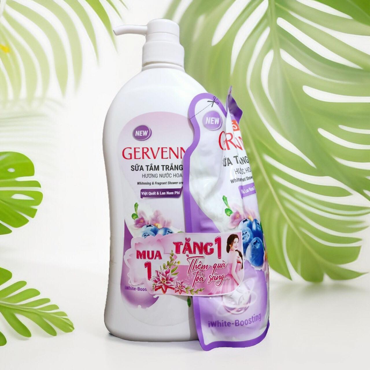 Sữa tắm trắng da Gervenne hương nước hoa thơm lâu 900ml + Túi sữa tắm 450gr
