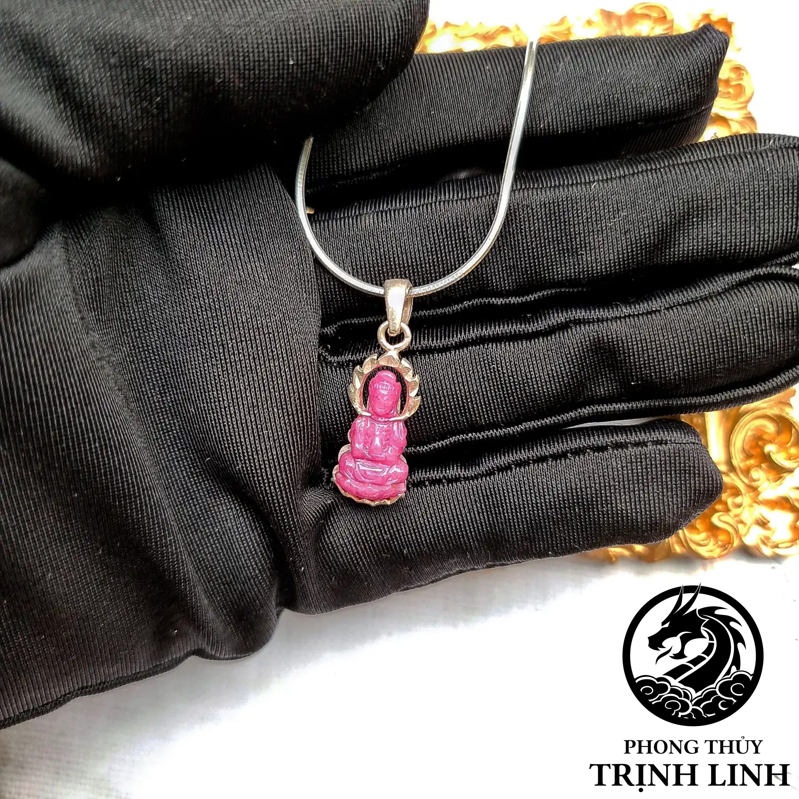 DÂY CHUYỀN BẠC PHẬT QUAN ÂM RUBY HỒNG 2CM