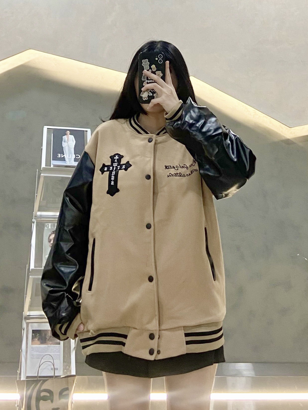 Áo Khoác Bomber Varsity Nỉ Dạ Form Crop Ngắn Phối Tay Da Thêu Hình Full Nam Nữ Unisex