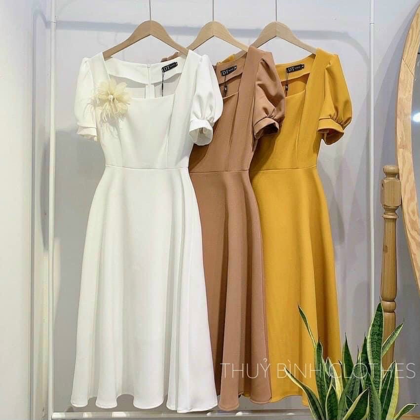 Đầm cổ vuông kèm hoa 3 màu