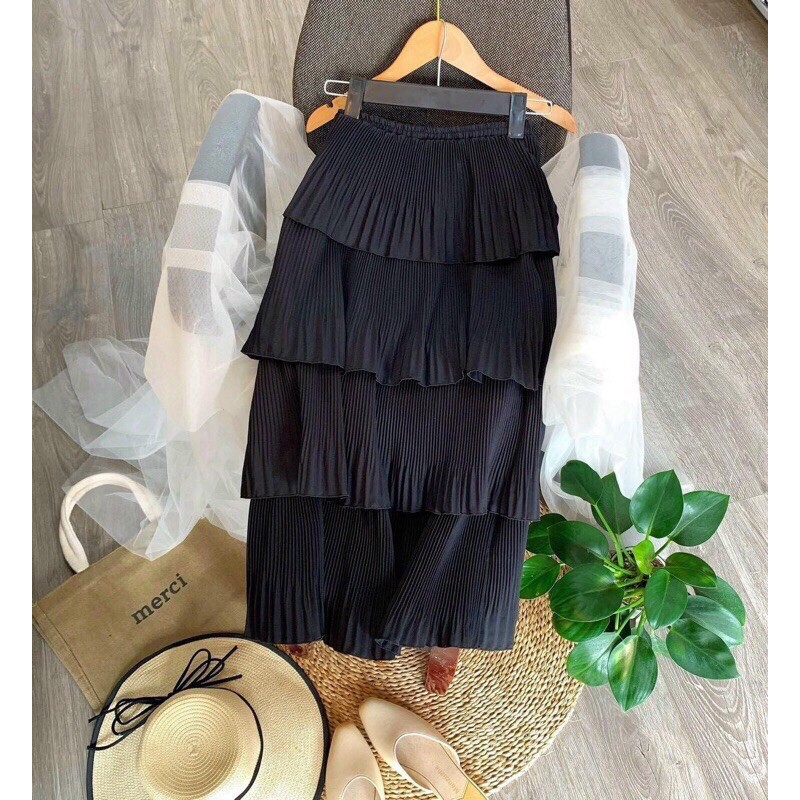 Chân váy 4 tầng dập ly nhỏ midi