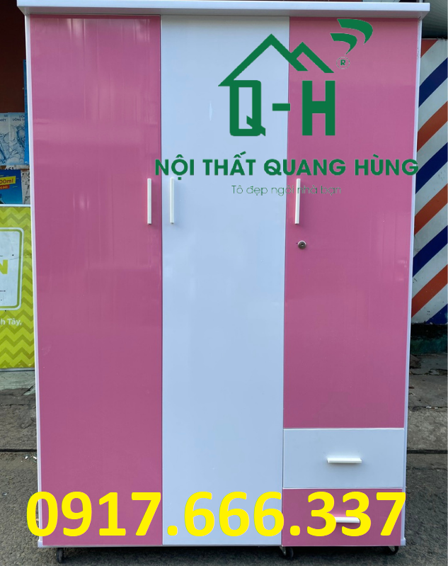 Tủ nhựa đài loan 3 cánh 2 ngăn kéo màu hồng 1m8x1m2