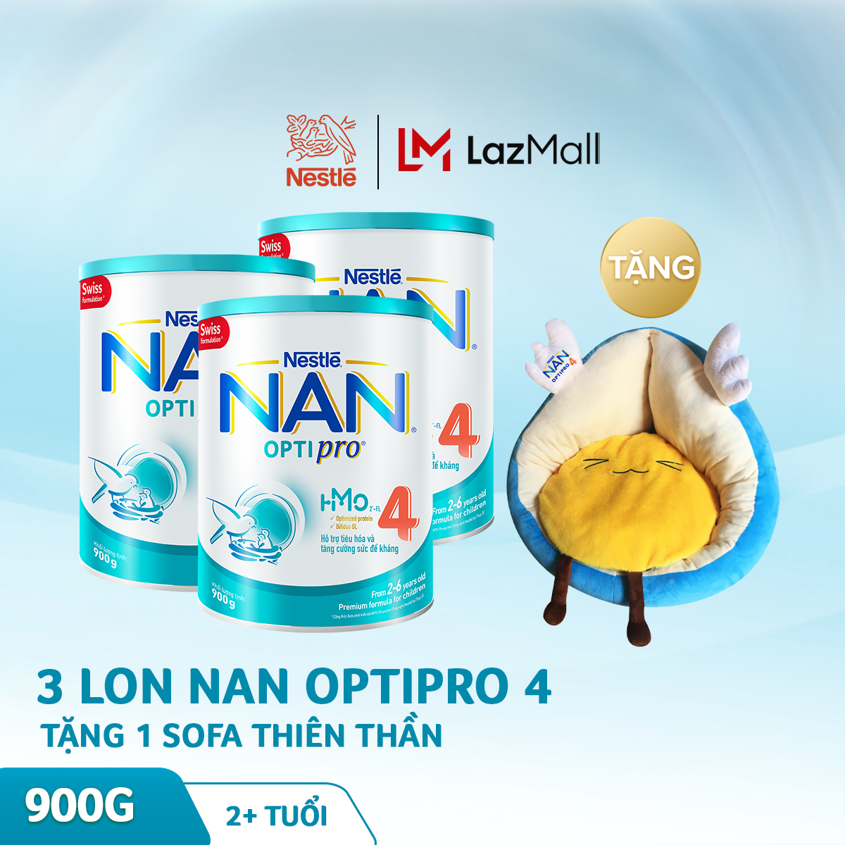 [GIẢM THÊM 40K ĐƠN 599K]Bộ 3 lon sữa bột Nestle NAN Optipro 4 cho trẻ trên 2 tuổi 900g + Tặng 1 Sofa thiên thần