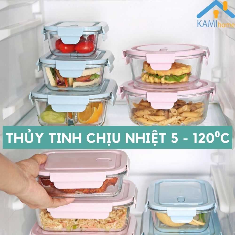 Bộ 5 bát thủy tinh có nắp bảo quản thực phẩm trong tủ lạnh (Hàng loại 1 có hộp)