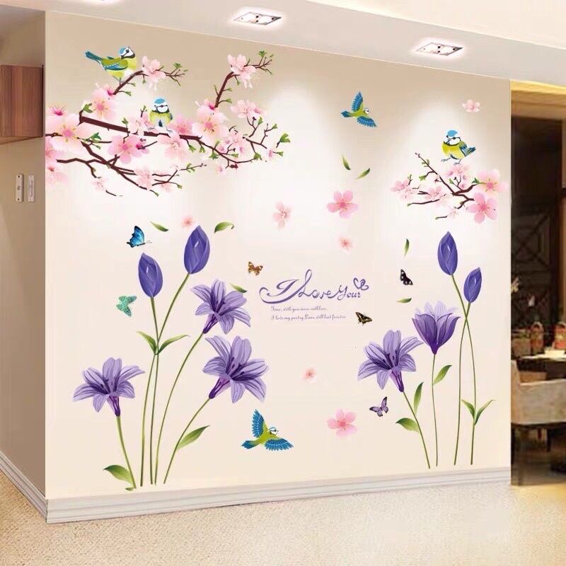 Decal dán tường hoa tulip và cành đào