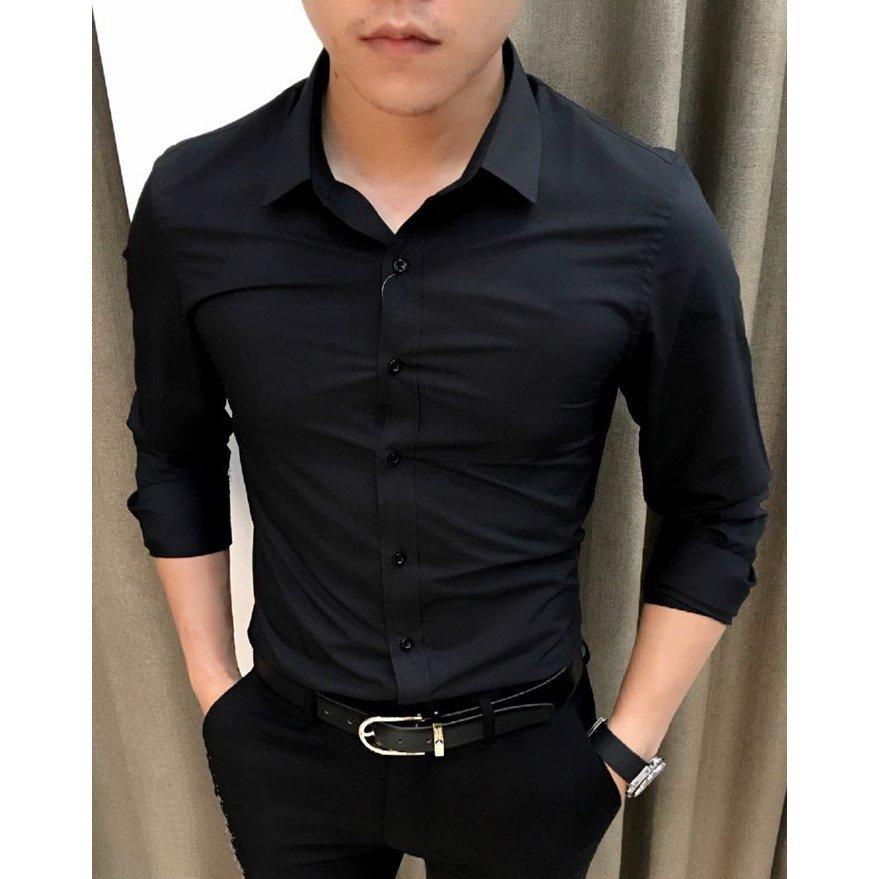 Áo sơ mi nam trơn dài tay Hàn Quốc chất lụa siêu mát (Màu Đen)