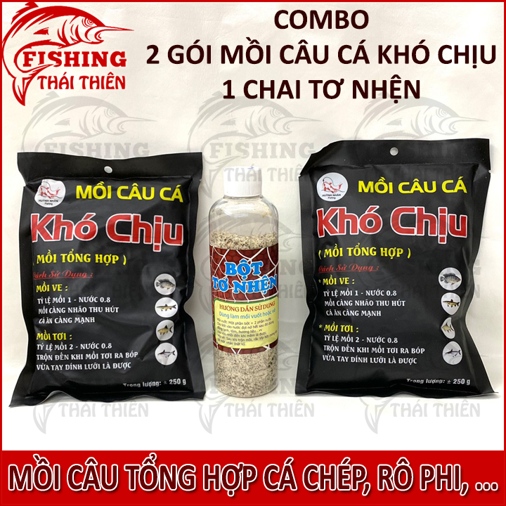 Combo 2 gói mồi câu cá Khó Chịu, 1 chai tơ nhện dùng vuốt mồi câu chuyên câu cá chép, rô phi,...