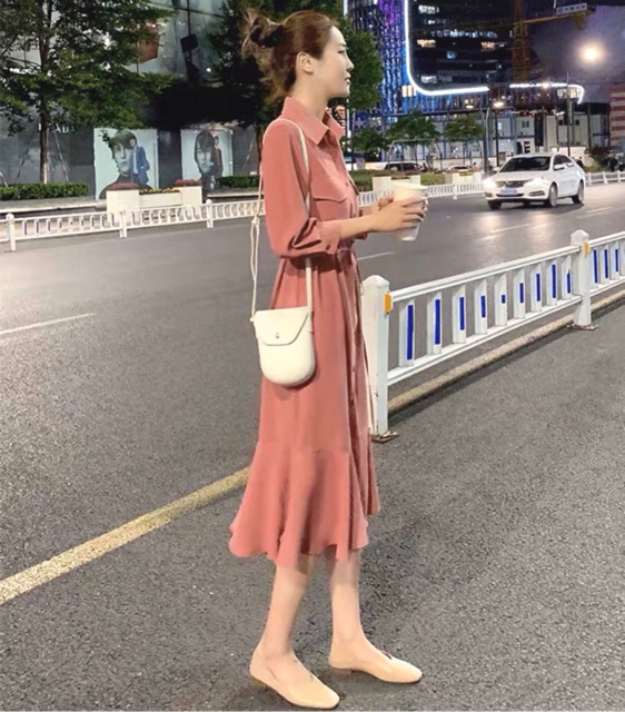 Váy Đi Tiệc Cưới Sơ Mi Túi Hộp Đuôi Cá Phong Cách Quý Cô Sang Chảnh, Đầm Nữ Dự Tiệc Tay Dài Buộc Eo Màu Xanh Mint Đỏ Đen Hồng - DM811