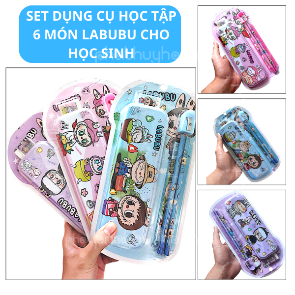 Bộ dụng cụ học tập Labubu siêu cute set quà tặng cho bé bao gồm thước kẻ bút chì gôm và hộp bút tất 