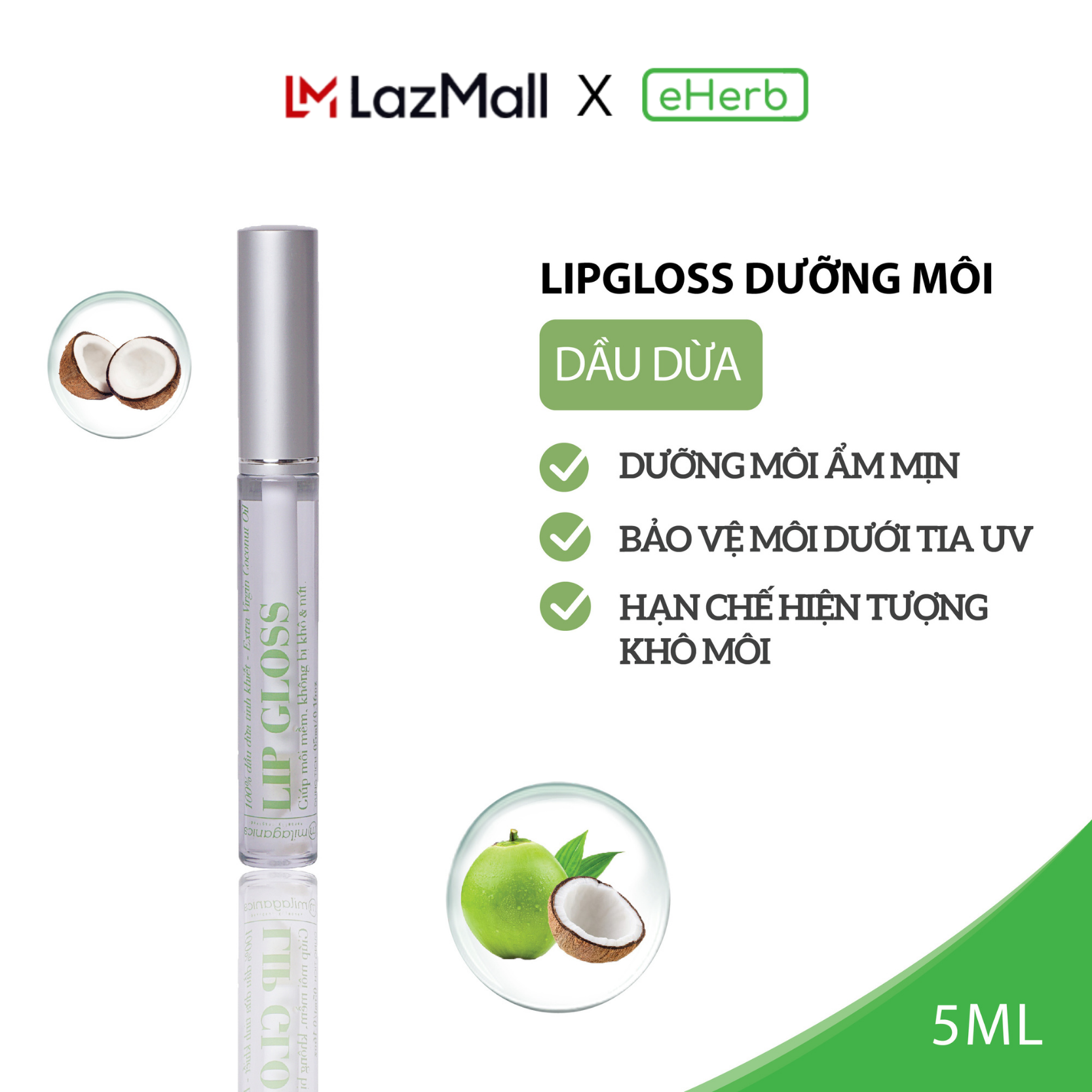 Lipgloss Dưỡng Môi Dầu Dừa Nguyên Chất Dưỡng Môi Ẩm Min Cải Thiện Môi Khô