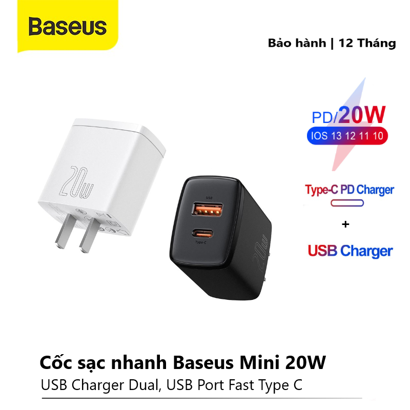 Củ sạc nhanh Baseus 2 cổng loại C/PD và USB 20W hỗ trợ sạc nhanh cho iPhone x, xsmax, 11/12 Promax ,..