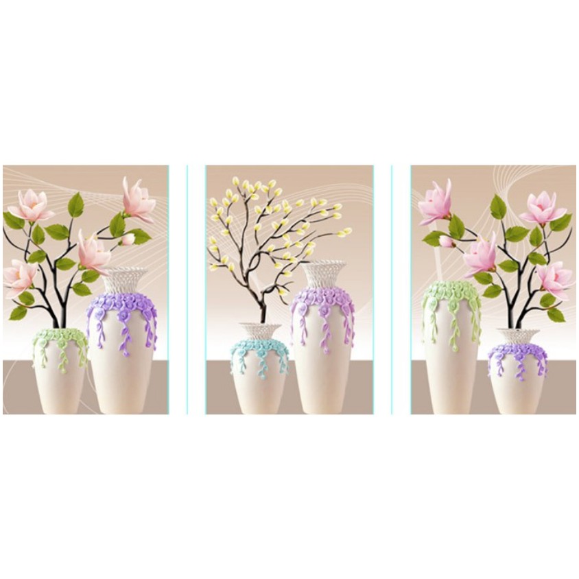 Tranh Đính Đá BÌNH HOA 3 BỨC (ĐÁ ABC CAO CẤP). Kích Thước: 1m48 x 70cm