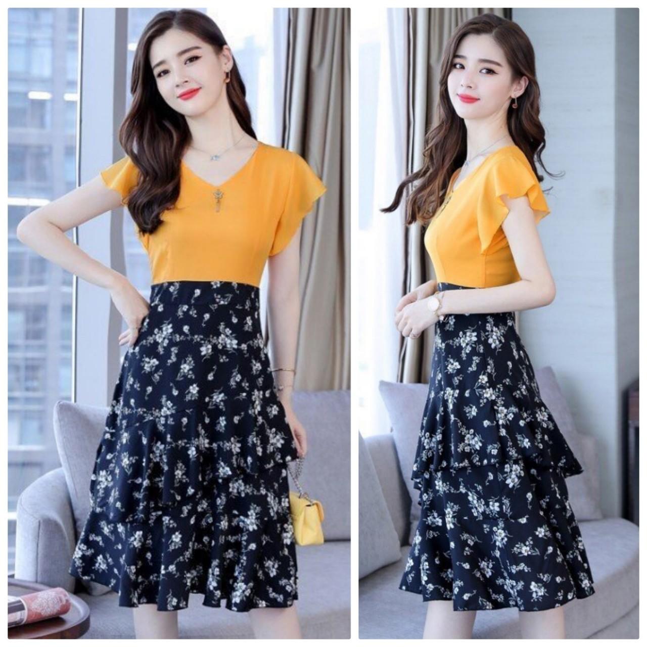 Đầm xòe tay cánh tiên chân váy tầng in hoa beyeu1688- by7004a