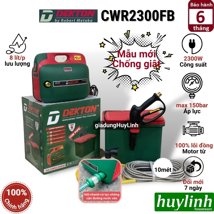 Máy xịt rửa xe cao áp dekton cwr2300fb - 2300w - có thùng đựng - motor cảm ứng từ lõi đồng 100%