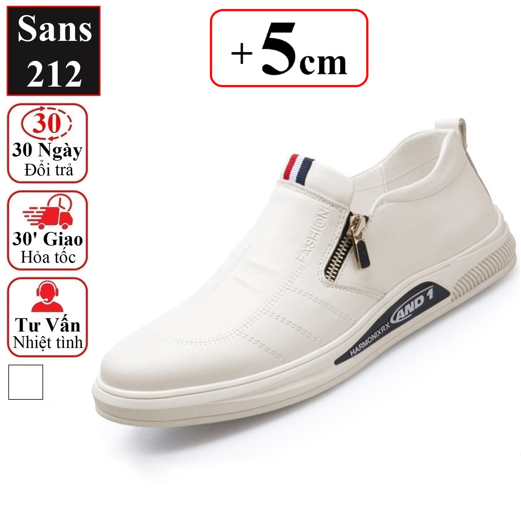 Sneaker nam nữ unisex độn đế 5cm Sans212 giầy thể thao trắng tăng chiều cao lười full white không dây êm chân cao cấp