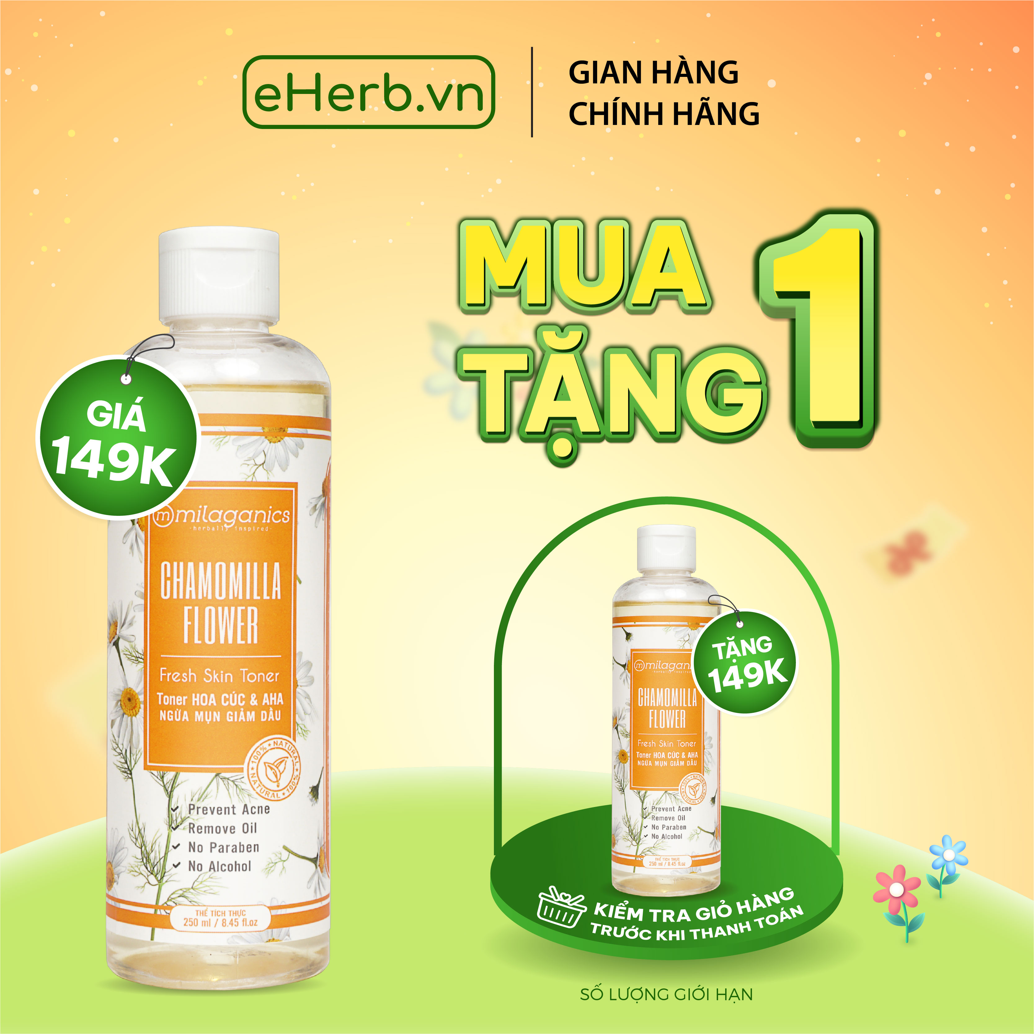 HOÀN TIỀN 15% - Nước hoa hồng toner hoa cúc & aha 5% ngừa mụn kiềm dầu dành cho da dầu mụn MILAGANICS 35ml (chai)