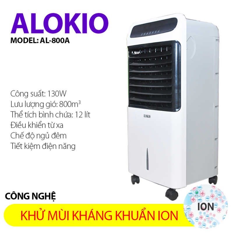 Máy làm lạnh mát không khí tiết kiệm điện kháng khuẩn ion Alokio AL800A có kèm 2 đá làm lành và bộ bánh xe đẩy tiện dụng