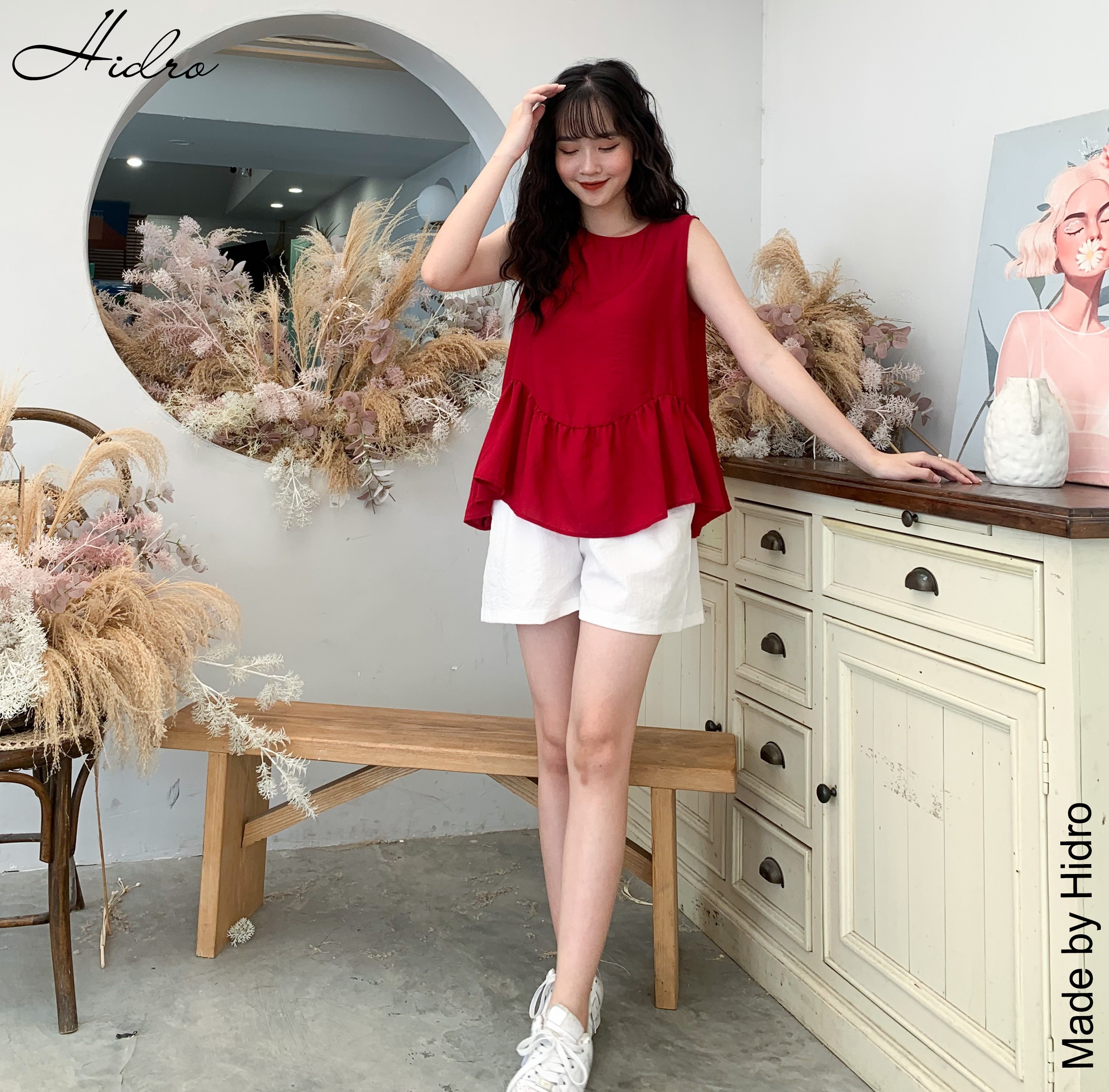 HIDRO Set áo đuôi bèo mix quần đũi trắng