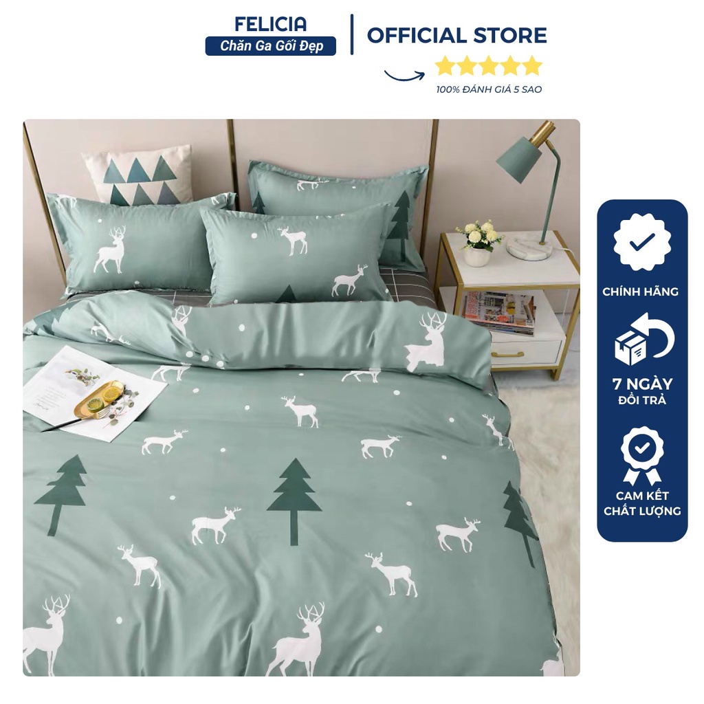 Bộ ga gối felicia 3 món mẫu tuần lộc m2/m6/m8/2m2, 1 drap bo chun + 2 vỏ gối poly cotton