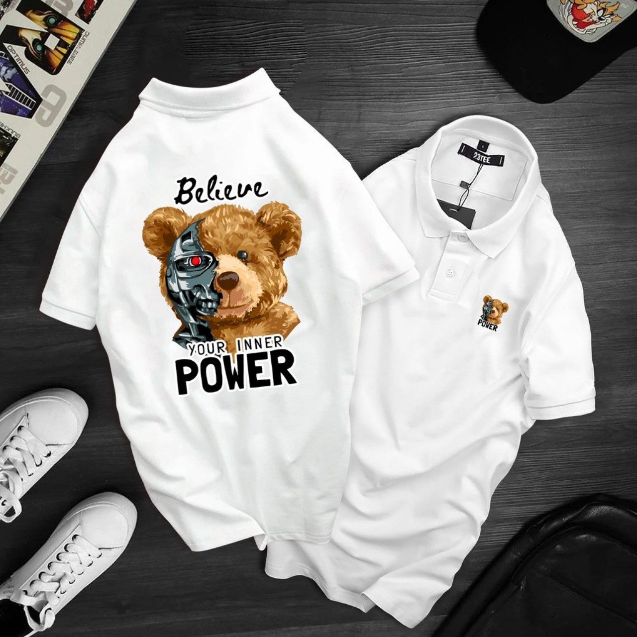 Áo thun cổ trụ cổ bâu gấu Power