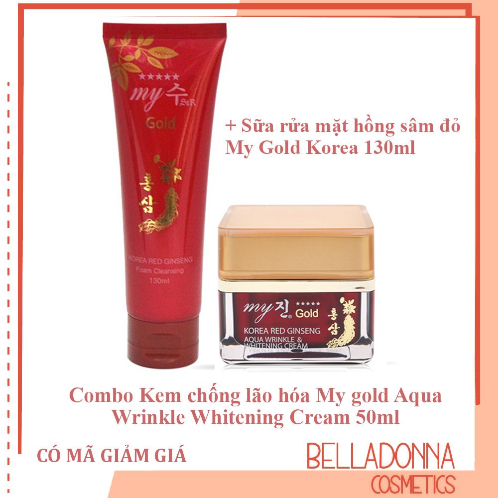 Combo Kem dưỡng trắng da chống lão hóa My gold Korea Red Ginseng Aqua Wrinkle Whitening Cream 50ml + Sữa rửa mặt hồng sâm đỏ My Gold Korea Red Ginseng Foam Cleanser 130ml