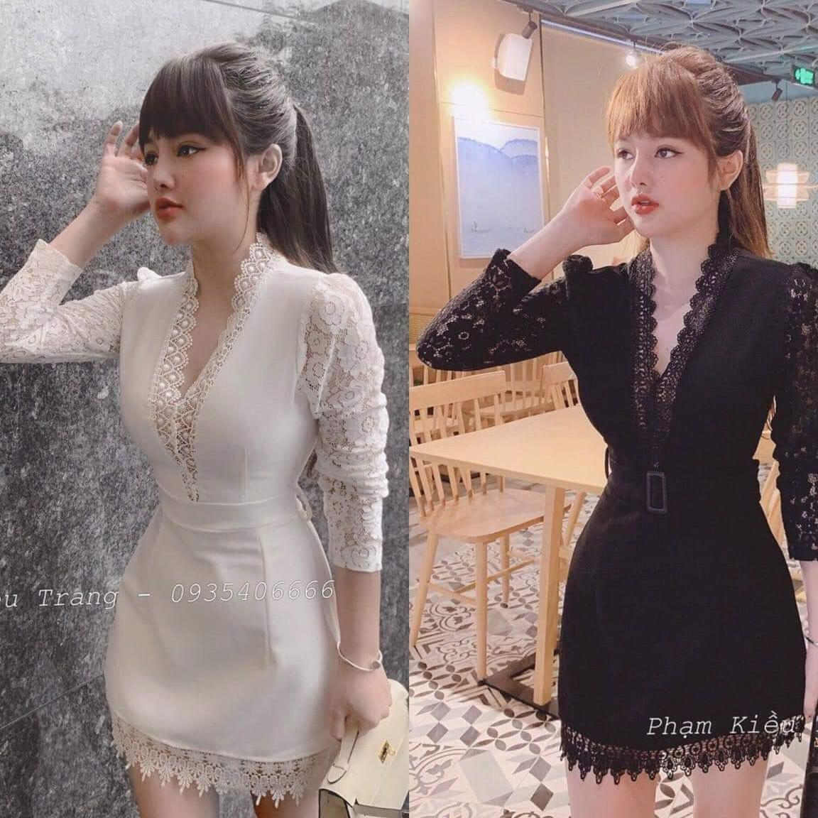 đầm body cổ V tay phối ren