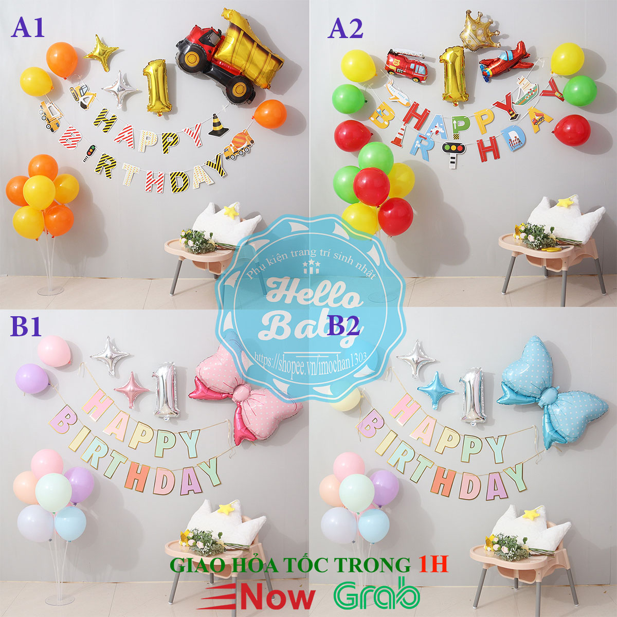 Set bóng trang trí sinh nhật nhiều chủ đề cho bé (Bơm + Băng Keo + Trụ Bóng)