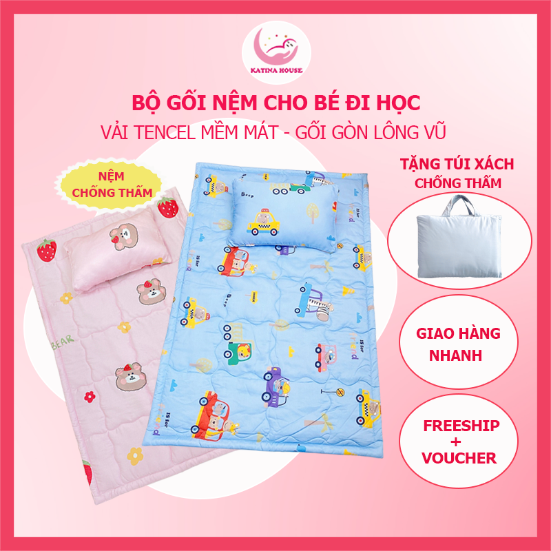 Bộ gối nệm cho bé đi học Katina House, vải Tencel cực mềm mát, họa tiết đáng yêu, nhiều kích cỡ