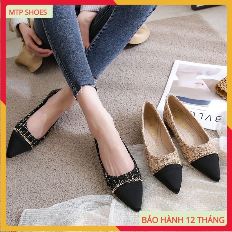 Giày bệt nữ mũi nhọn da mềm kẻ caro