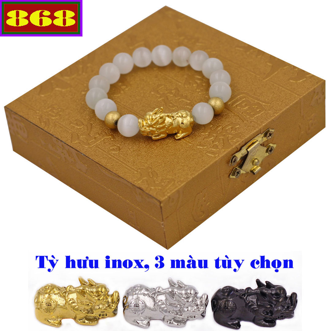 Vòng tay đá mắt mèo trắng 10 ly tỳ hưu inox vàng VTMETTHVHB10 hộp gỗ - Hợp mệnh Kim, mệnh Thủy