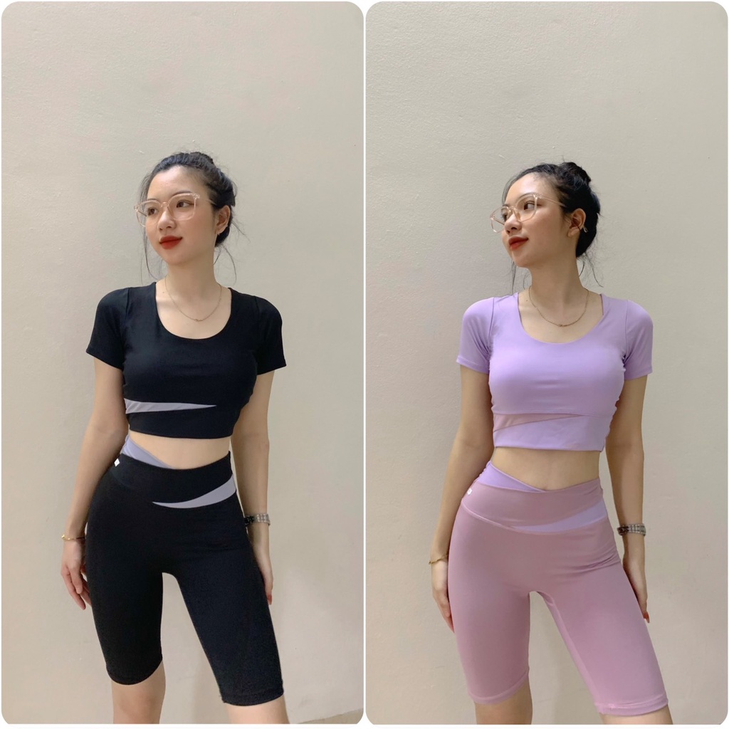 Bộ Quần Áo Tập Gym Yoga Nữ Áo Phối Màu Kèm Mút Ngực Quần Ngố Cạp Chéo Đồ  Tập Gym Yoga Nữ(Set Ngố Cộc Tay Phối Màu)- Yka A08 Yka Shop -