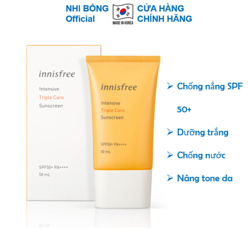 Kem chống nắng nâng tone lâu trôi làm sáng da innisfree Intensive Triple Care Sunscreen Hàn Quốc SPF50+ Pa++++ 50ml giúp bảo vệ da làm da trắng sáng mềm mịn tự nhiên KCN07