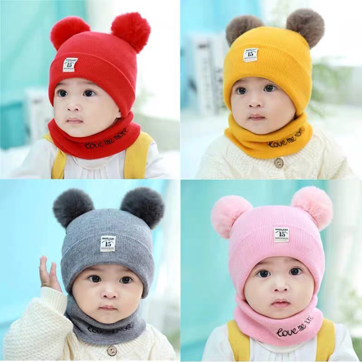 Combo mũ len trẻ em 2 quả bông kèm khăn,Mũ len kèm khăn quàng cổ cho bé từ 6 - 12 tháng nhiều màu tươi sáng