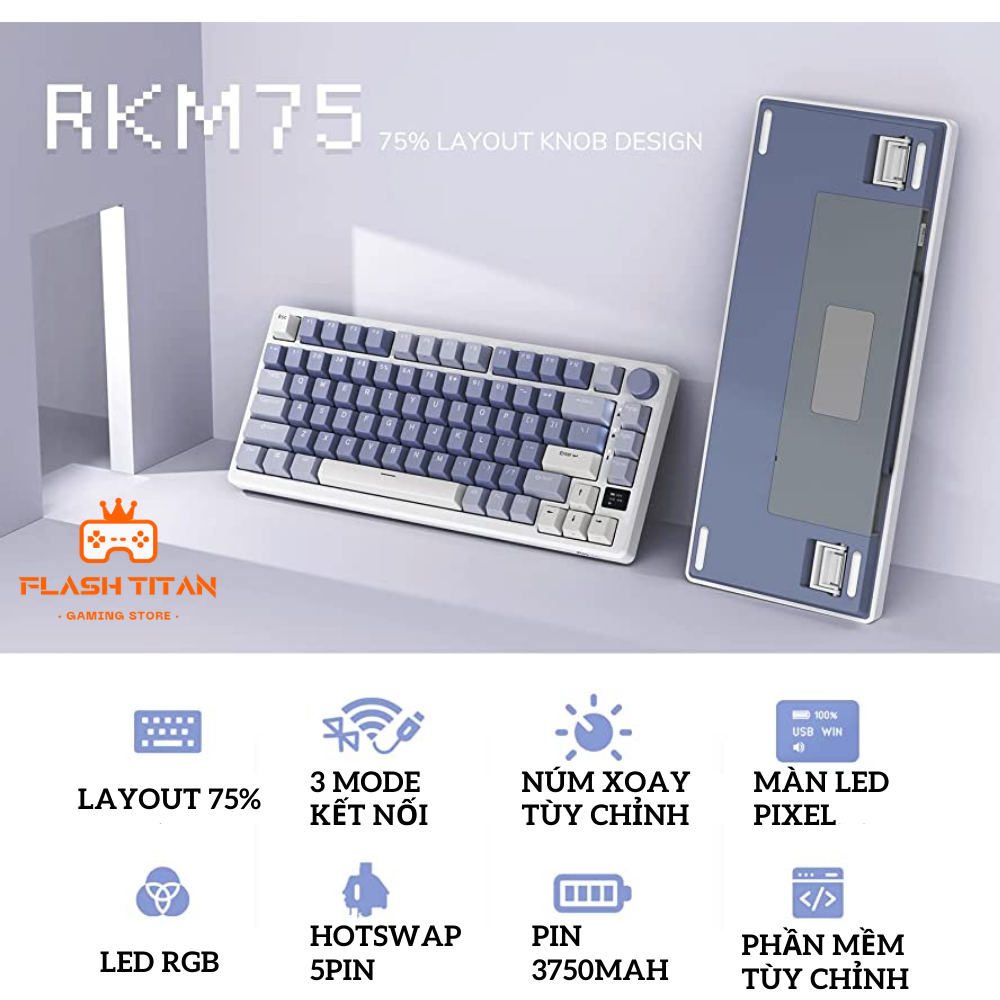 Bàn phím cơ Hotswap RK ROYAL KLUDGE M75 - Led RGB - Bàn phím chơi game 3 mode kết nối - Có Núm và màn hình thông minh tùy chỉnh