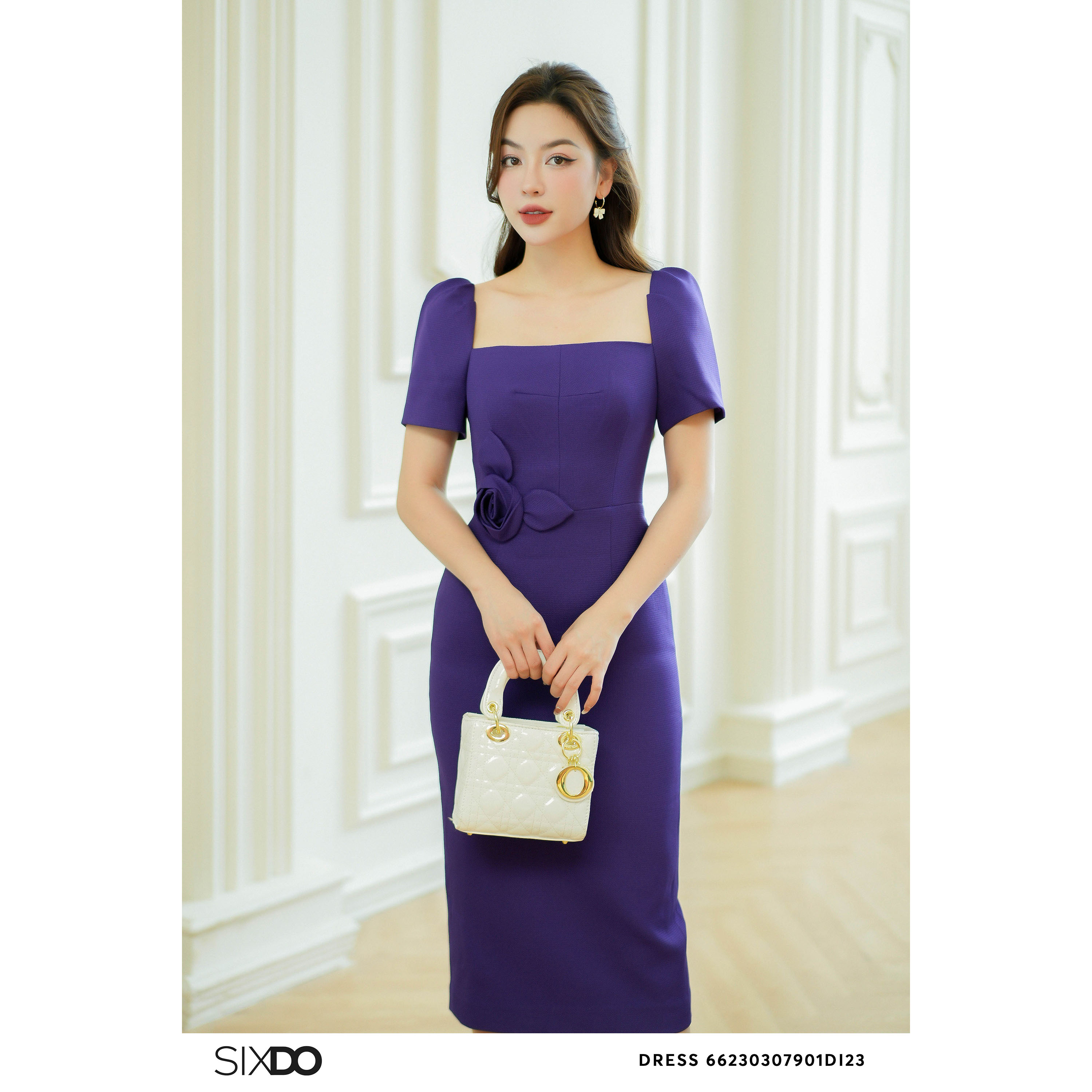Đầm tím đậm cổ vuông phối hoa SIXDO (Dark Purple Square Neck Midi Raw Dress)