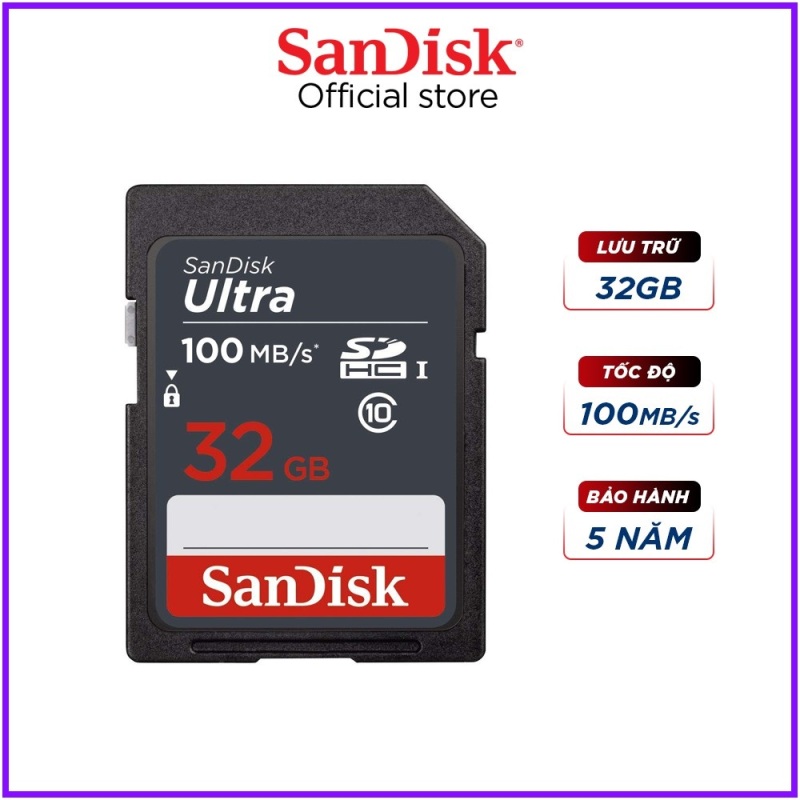 Thẻ nhớ SDHC Sandisk Ultra 32GB upto 100MB/s UHS-I (cho máy ảnh) chính hãng, tốc độ 100MB/s giúp bạn chụp và lưu ảnh một cách nhanh chóng