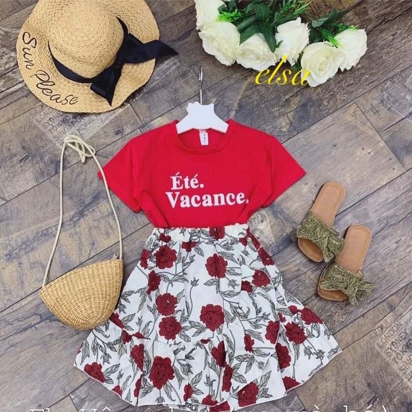 sét bộ áo + váy hoa hồng cho bé gái