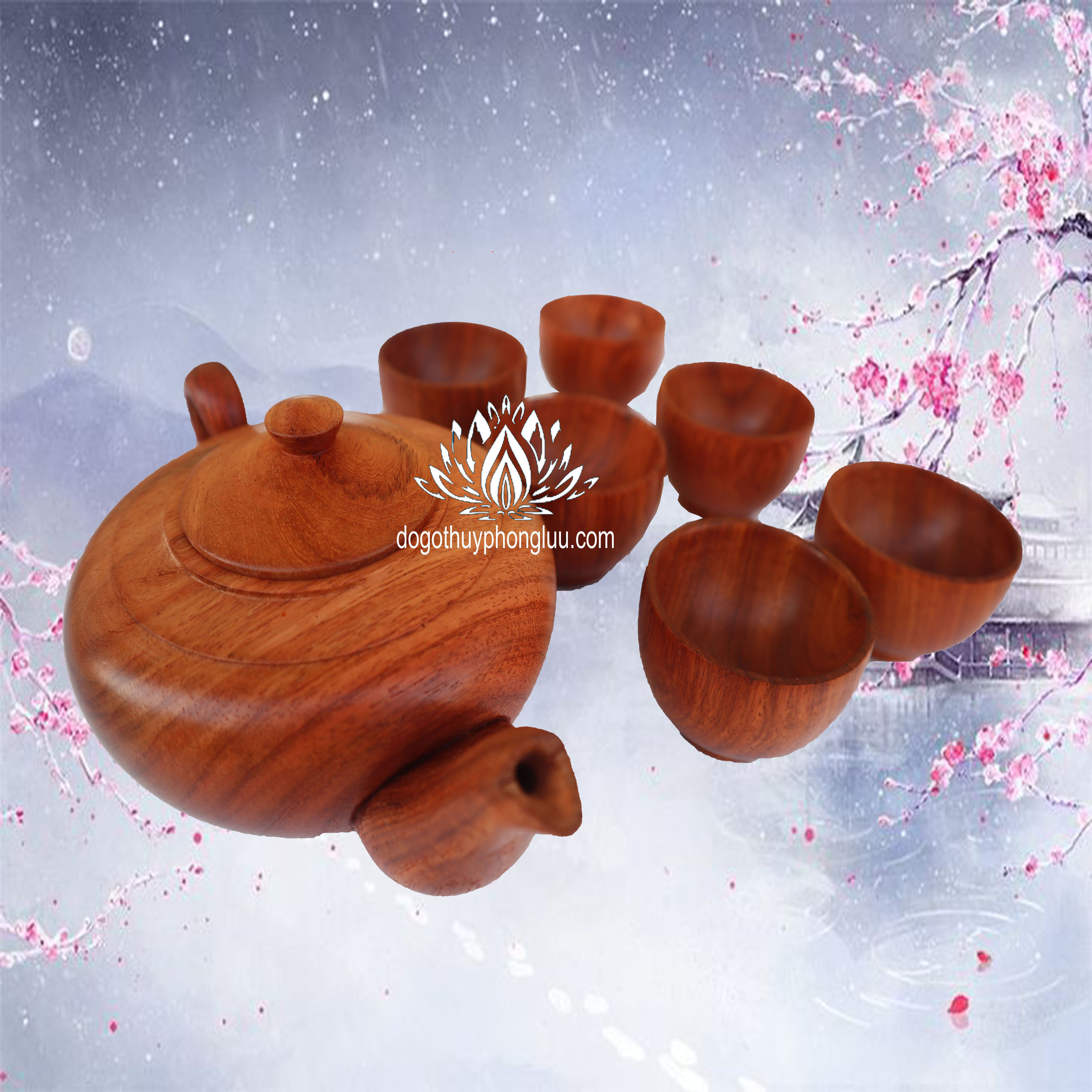 Ấm chén gỗ hương-Bộ ấm trà gỗ nguyên khối
