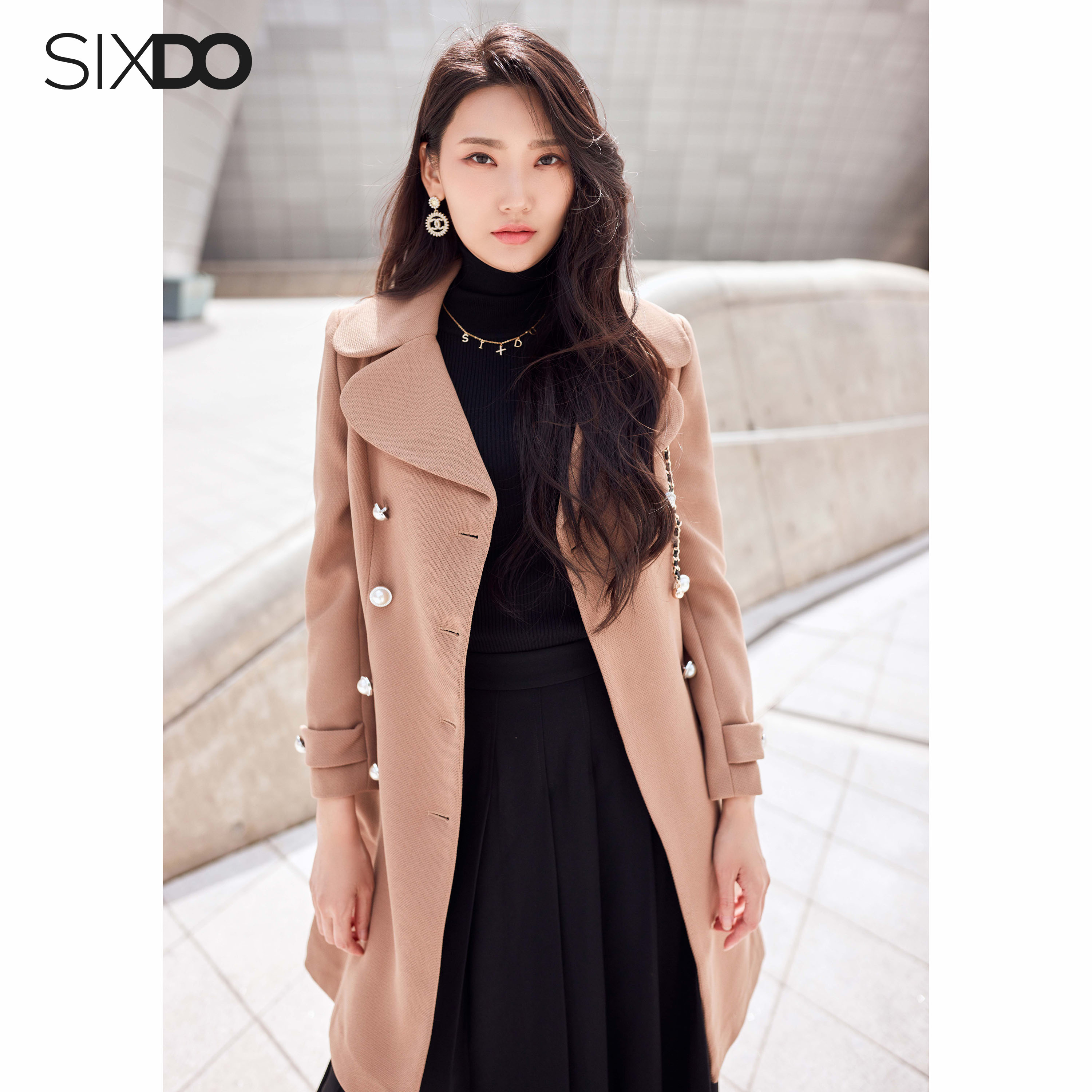 Áo khoác nâu nữ dáng dài SIXDO (Light Brown Long Woven Coat)