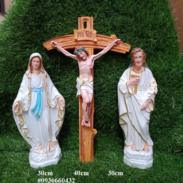 Bộ 3 tượng Đức Mẹ Ban Ơn Thánh Giuse (30cm) và Thánh Giá Chúa chiunan (40cm) tượng công giáo composite
