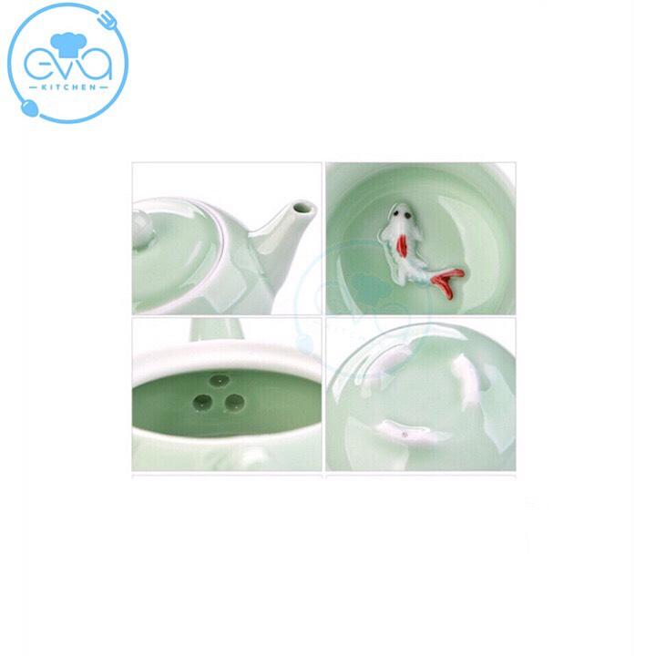 [HCM]Bộ Ấm Chén Trà Men Ngọc Cá 3D Xanh Nhạt