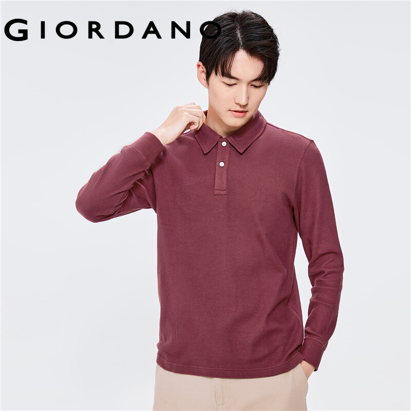 Giordano áo thun polo nam chất waffle dày dặn tay dài màu trơn,mặc thường ngày 01012783-intl822