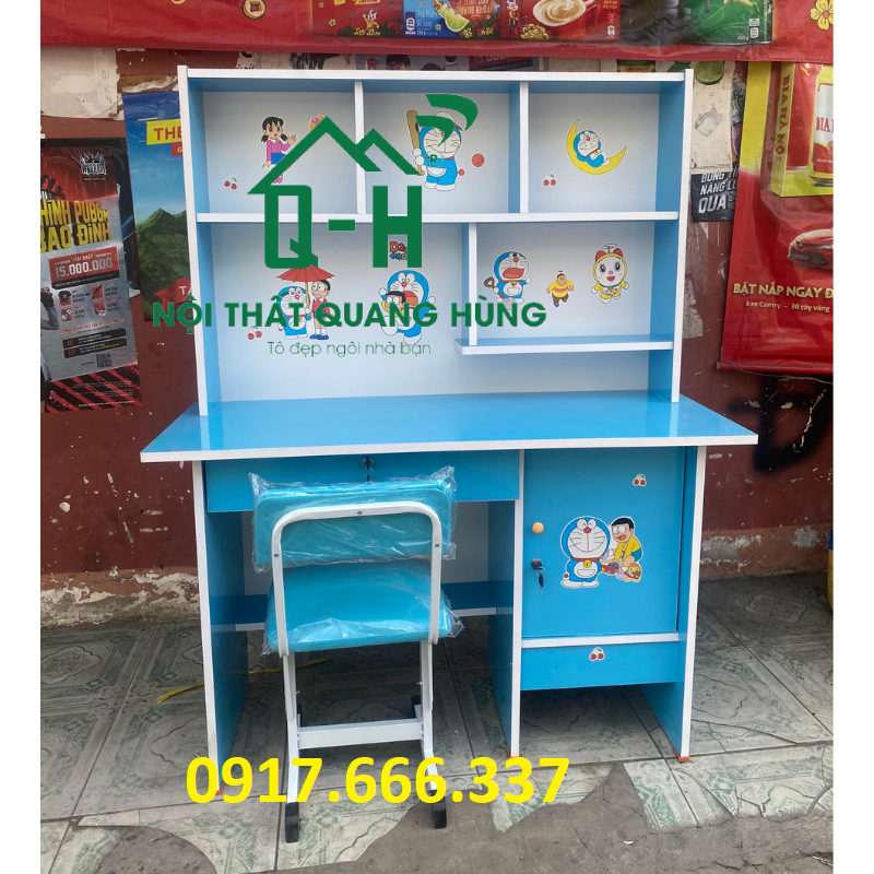 Bàn học sinh liền kệ ván okal 1m màu xanh dương giá rẻ