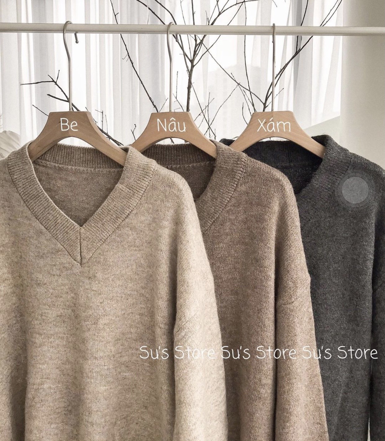 Áo len cổ V lông thỏ Quảng Châu - Áo len cổ tim trơn ulzzang nhiều màu
