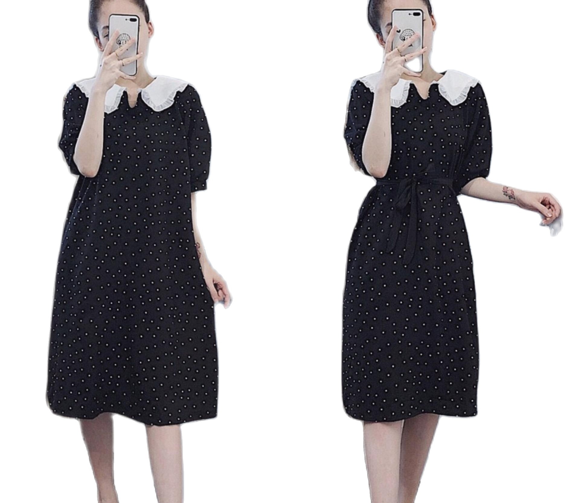 đầm suông dáng dài cổ sơ mi dây eo, váy bầu công sở mặc thoải mái