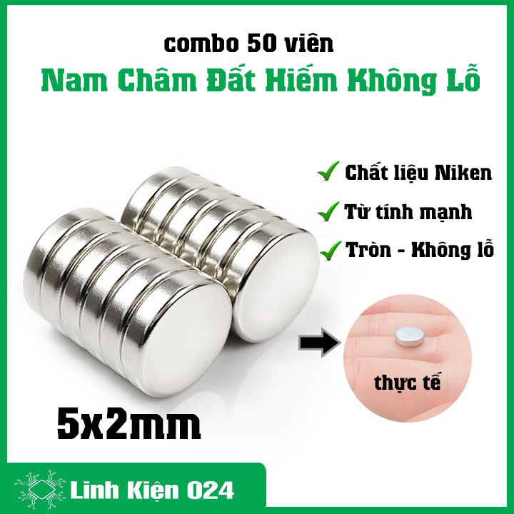 Bộ 50 viên nam châm đất hiếm tròn không lỗ kích thước 5x2mm, nam châm vĩnh cửu trắng từ tính siêu mạnh