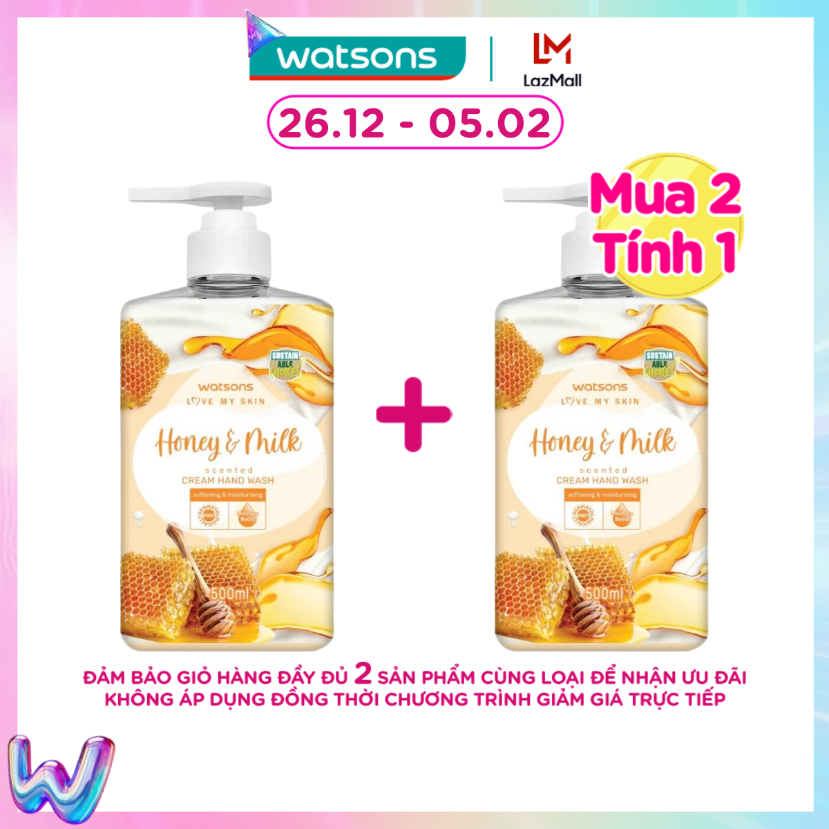 [MUA 2 TÍNH 1] Kem Rửa Tay Watsons Love My Skin Honey Milk Scented Cream Hand Wash 500ml