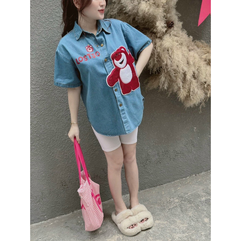 Áo sơ mi Jean Bigsize gấu thêu đỏ (60-90Kg) MN18
